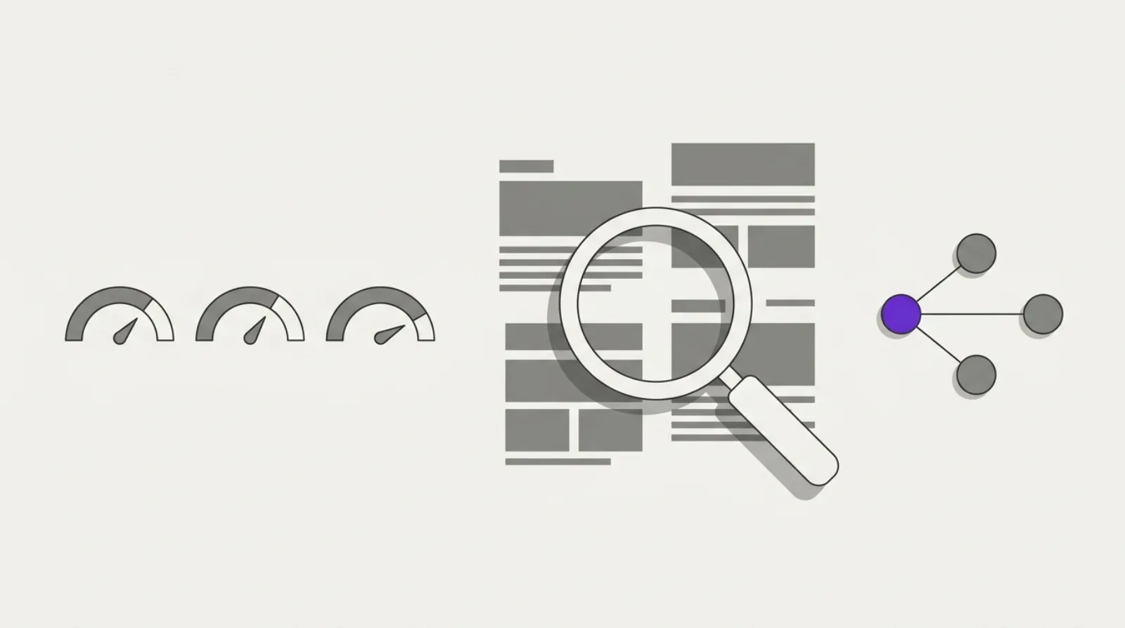 Illustration abstraite : jauges de score alignées, loupe sur des blocs de mise en page et noeuds en réseau, symbole d'un benchmark SEO et GEO