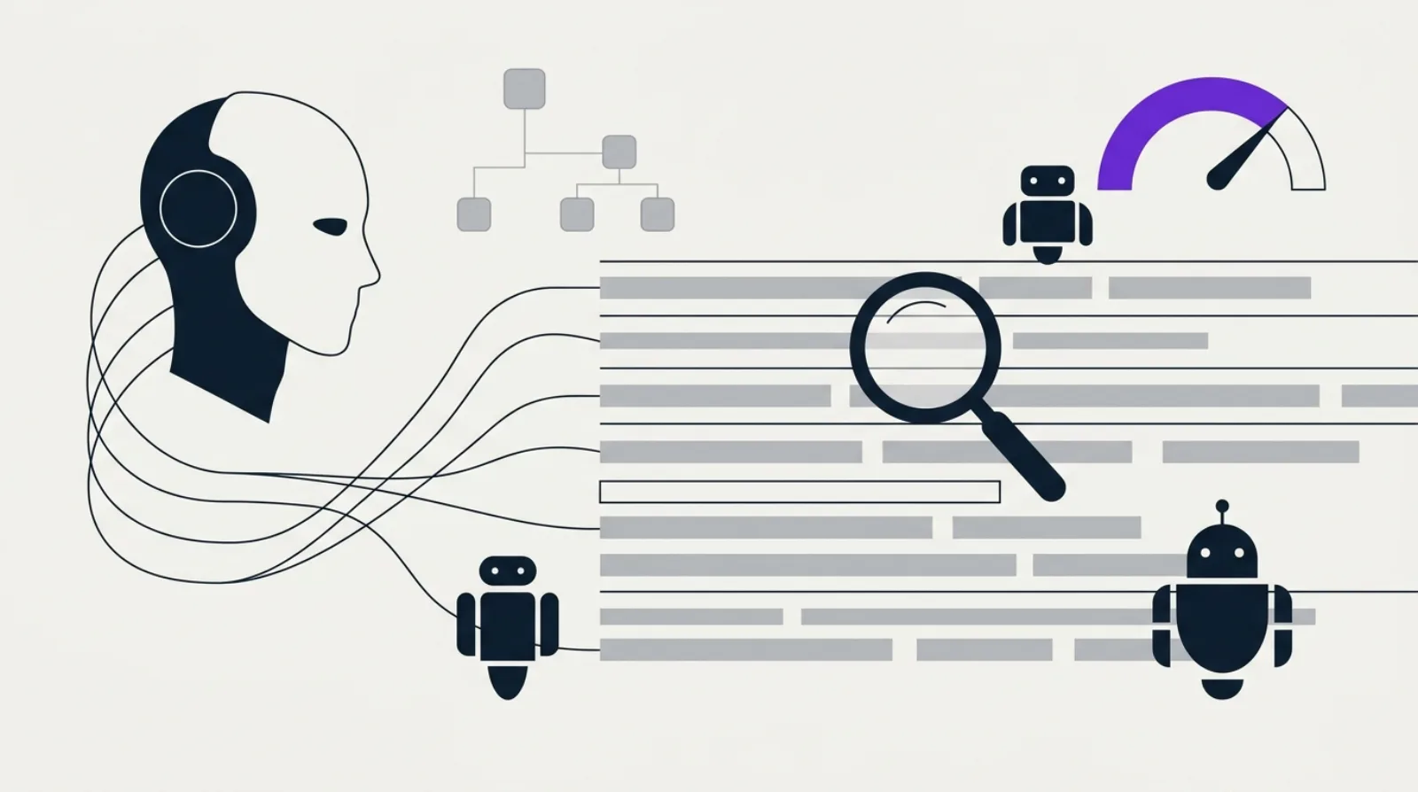 Illustration éditoriale minimaliste de flux de données et de nœuds connectés représentant l'analyse de logs serveur et le crawl par des robots SEO et IA
