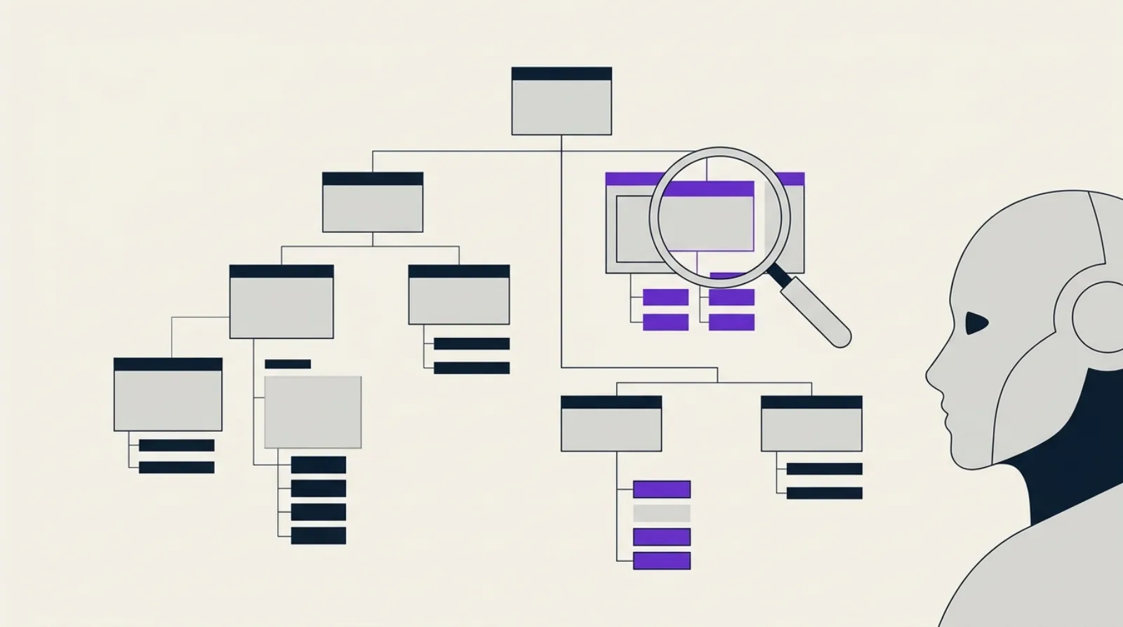 Illustration flat-design d'une arborescence de rectangles vides reliés en silos autour d'une loupe et d'une silhouette robot IA, symbolisant l'architecture de site SEO et GEO