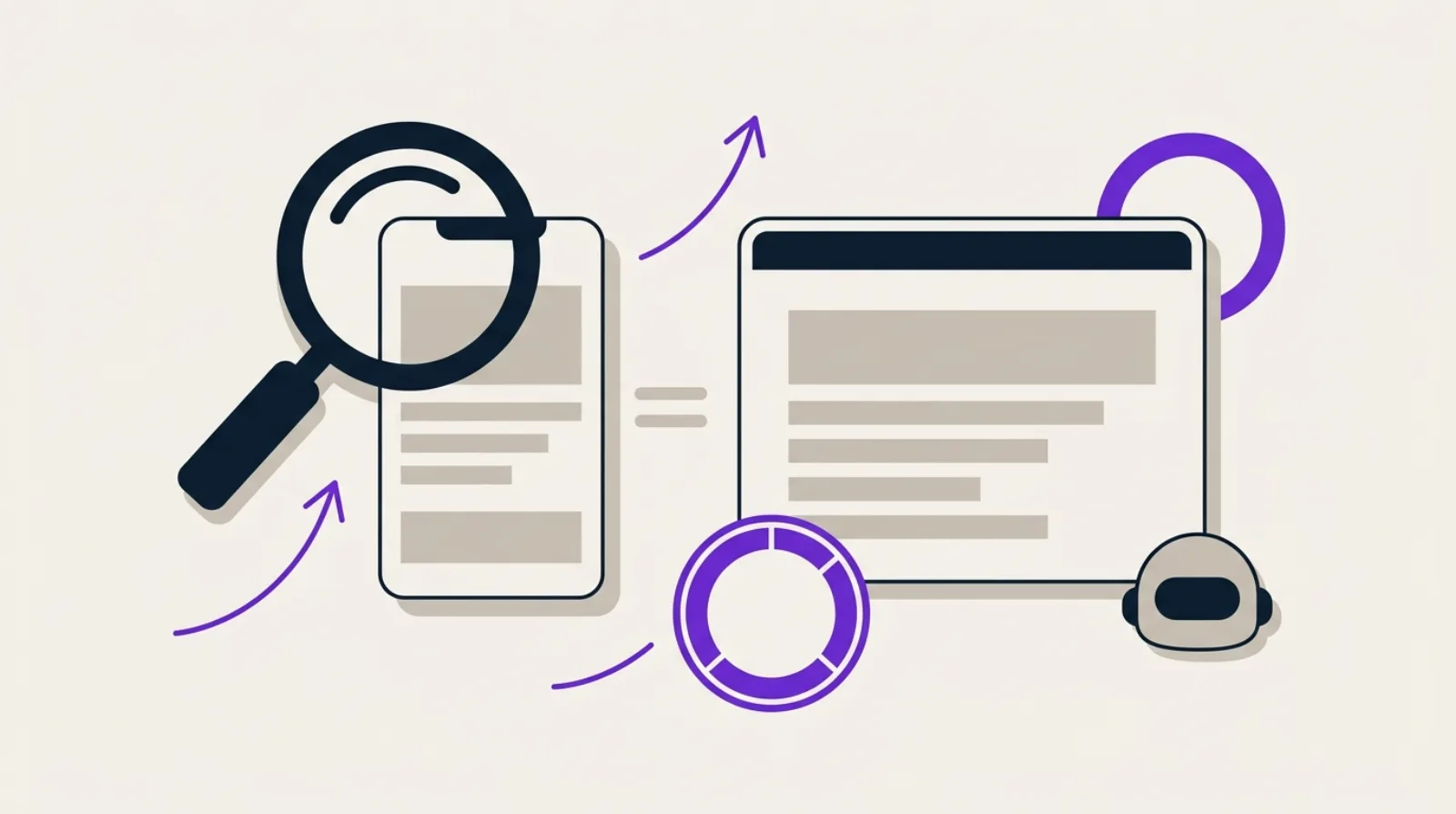 Illustration abstraite d'une loupe examinant un écran de smartphone stylisé à côté d'un écran plus large, jauges de score et flèches, fond beige clair, style flat design.