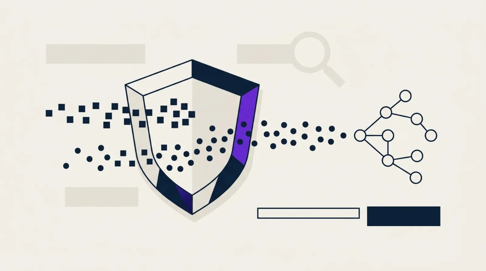 Illustration flat design d'un bouclier abstrait filtrant des flux de données géométriques, symbole du tri entre bots IA d'entraînement et de citation.