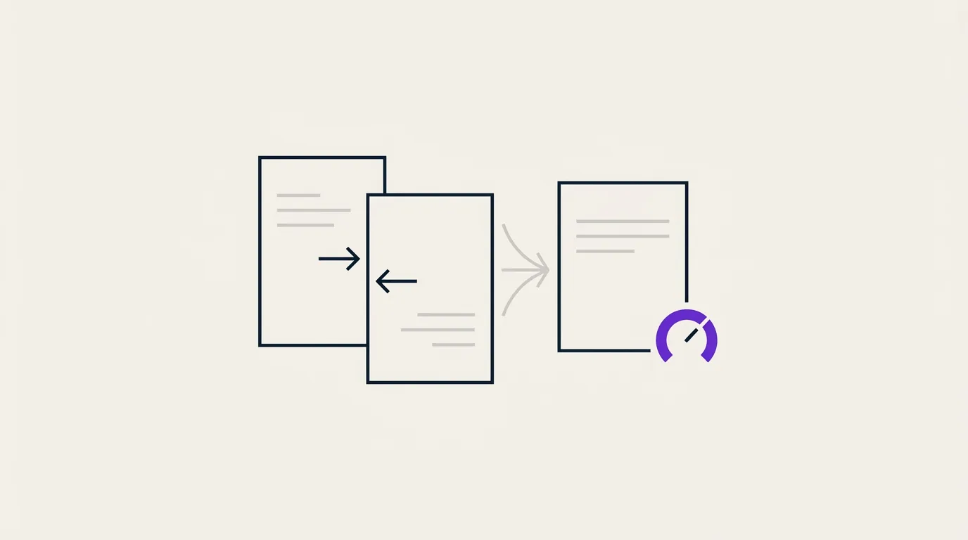 Illustration abstraite : deux pages identiques se percutent puis fusionnent en une page renforcée par une jauge, symbole de la cannibalisation SEO/GEO