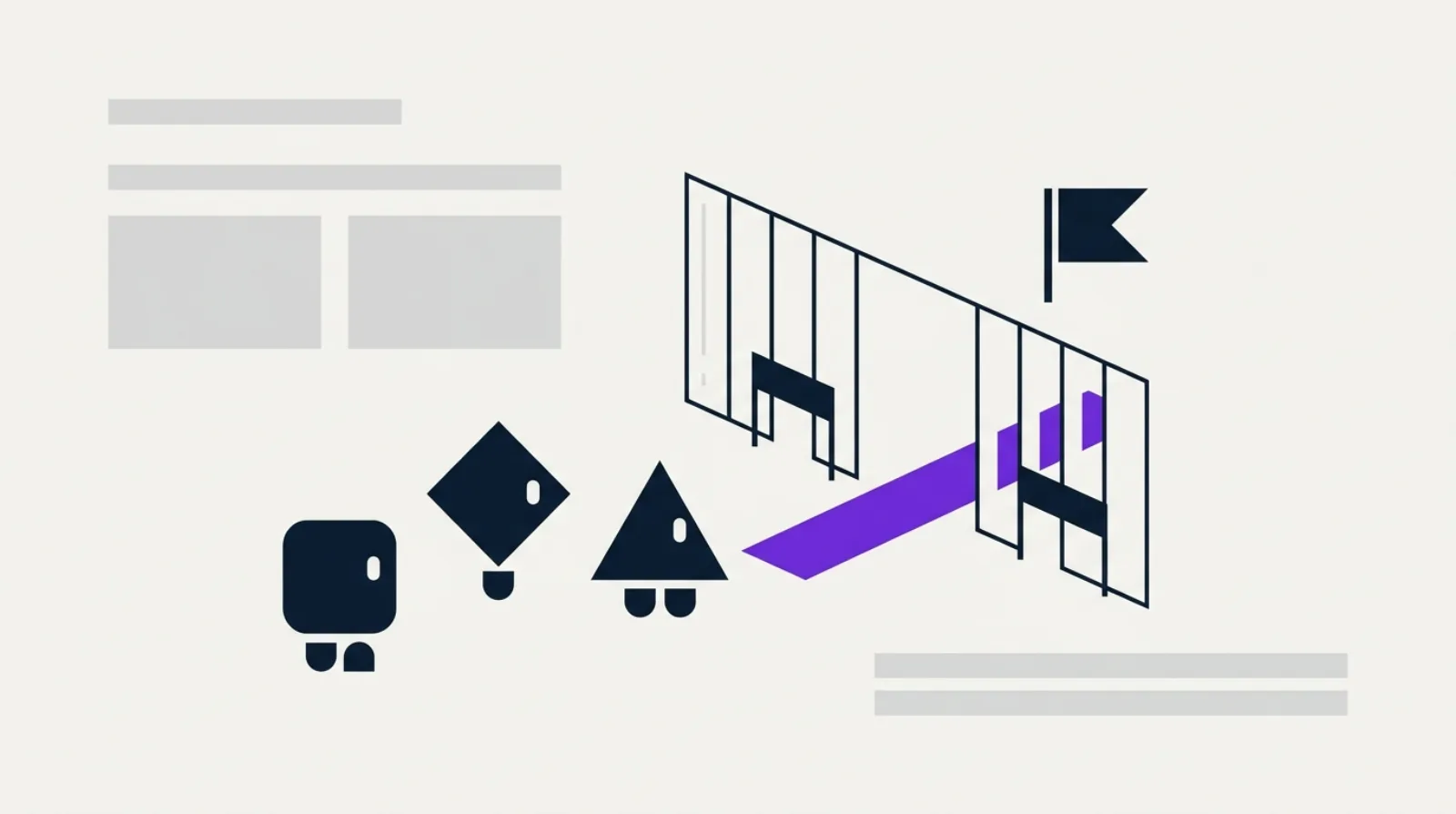 Illustration flat design de trois silhouettes de robots géométriques devant une barrière violette, un chemin ouvert, deux bloqués, fond beige clair.