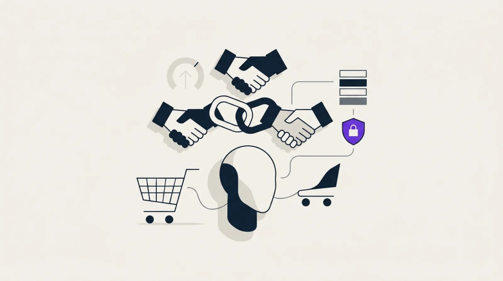 Illustration flat design de mains en poignée de main reliées à des blocs de données et un bouclier violet, protocoles de commerce agentique.