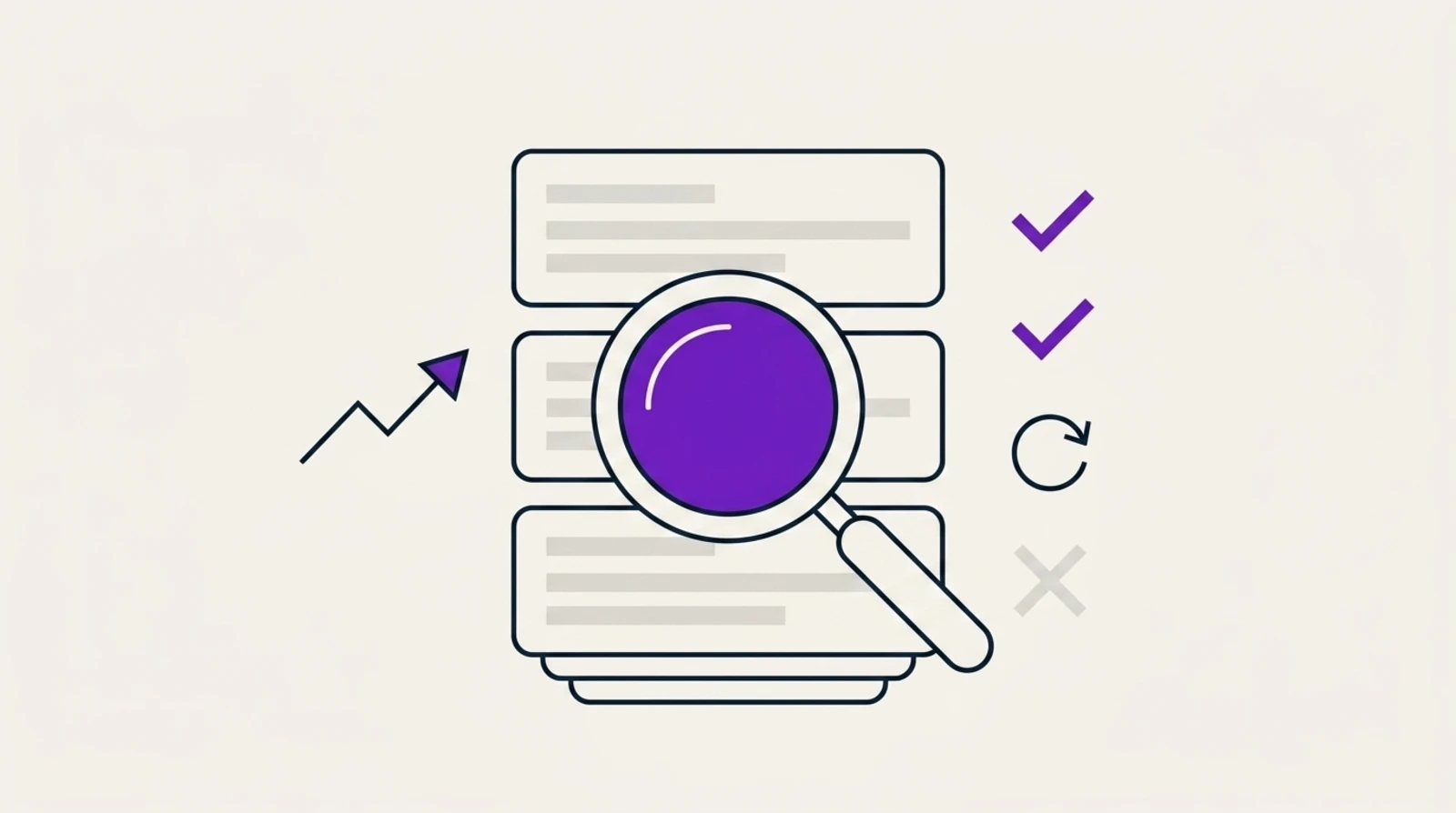 Illustration tech minimaliste d'audit de contenu : une pile de documents passée en revue par une loupe, avec marqueurs garder, mettre à jour et élaguer, méthode d'audit SEO et GEO 2026