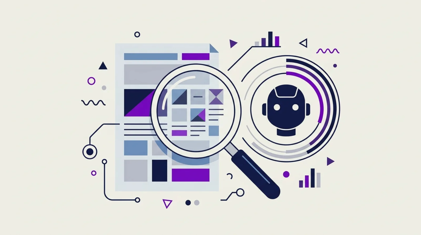 Illustration conceptuelle d’un robot IA et d’un auteur humain collaborant sur un contenu SEO, signaux E-E-A-T, expertise et fiabilité éditoriale