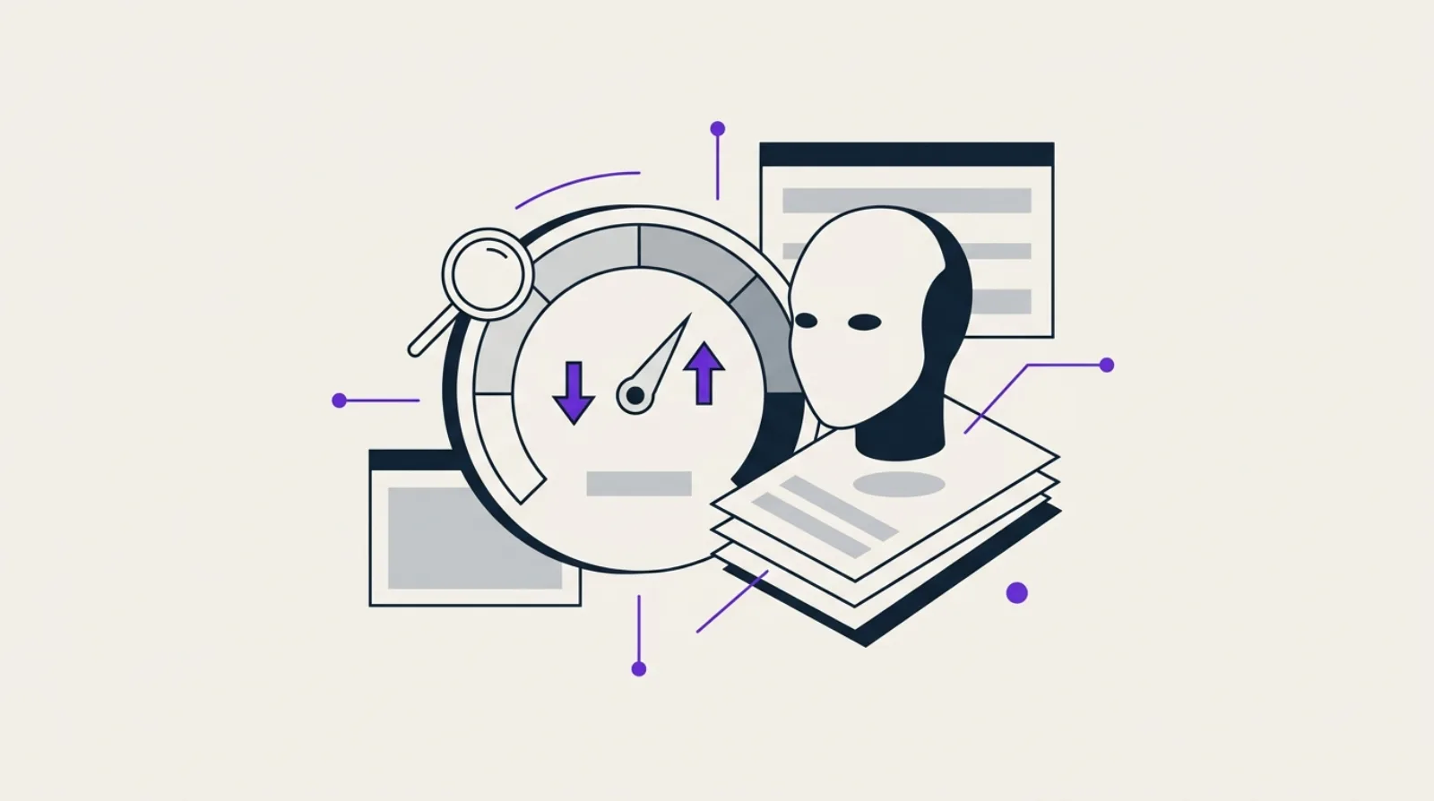 Illustration abstraite : jauge de score qui oscille, loupe au-dessus de blocs de page vides et silhouette robot IA, fond beige, style flat design.
