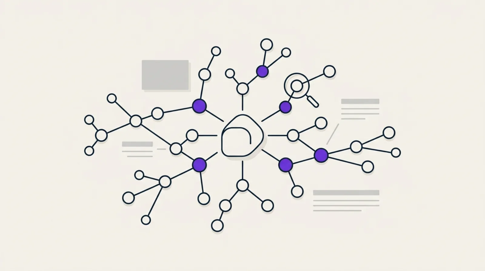 Illustration flat-design abstraite d'un réseau de nœuds connectés autour d'une silhouette d'entreprise stylisée, symbolisant un graphe de connaissances.