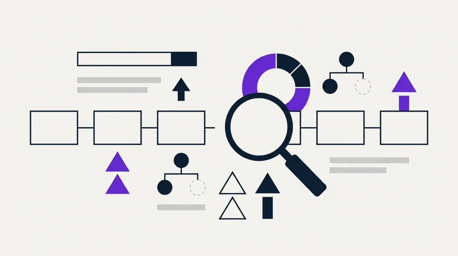 Illustration abstraite en flat design : chaîne de blocs de page reliés avec un maillon manquant, loupe posée sur le vide, anneau de score et nœuds de sitemap, fond beige clair, accent violet.
