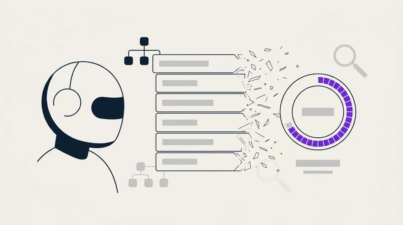 Illustration flat design d'un panneau abstrait en accordéon qui s'efface, relié à une jauge de score, symbole du schema FAQ déprécié en SEO.