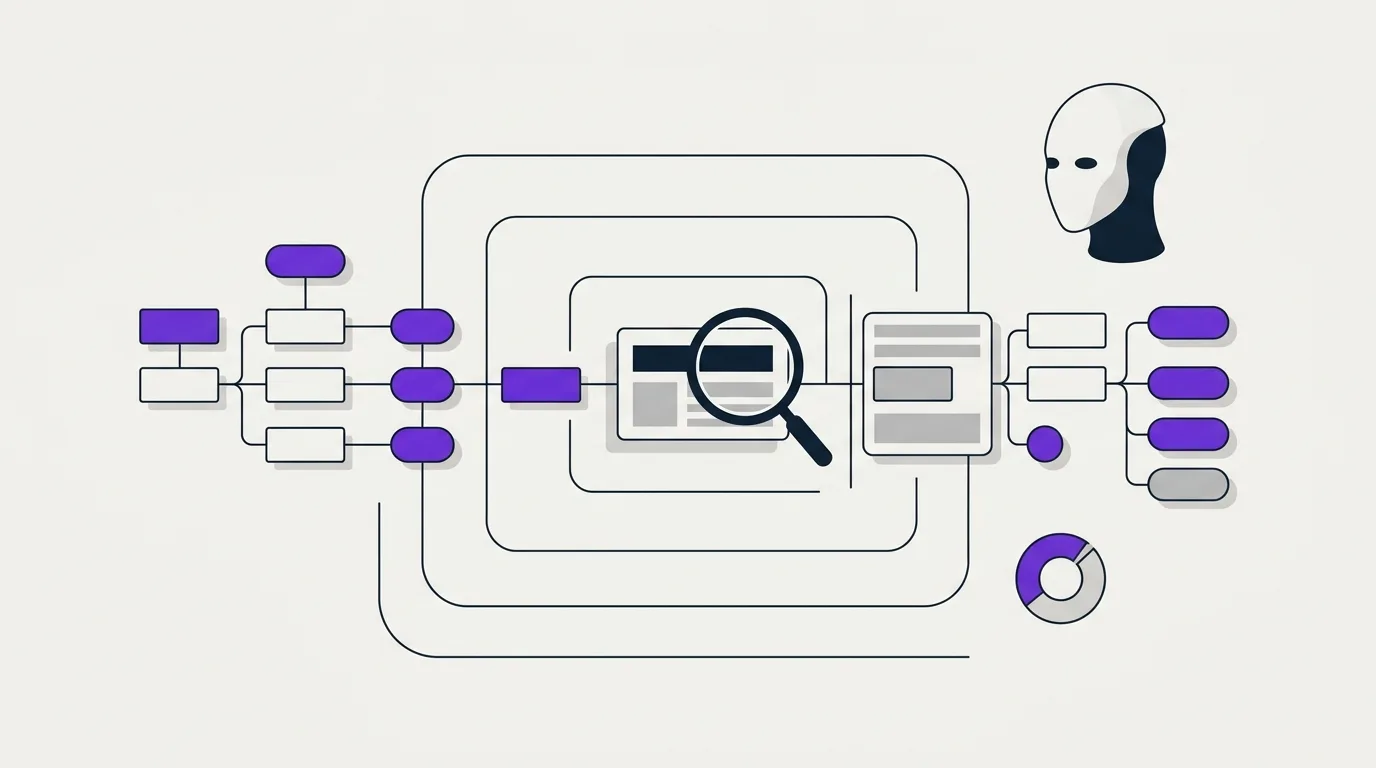 Illustration abstraite en flat design : nœuds de sitemap reliés en arborescence, loupe sur blocs de mise en page vides, fond beige clair, accent violet.