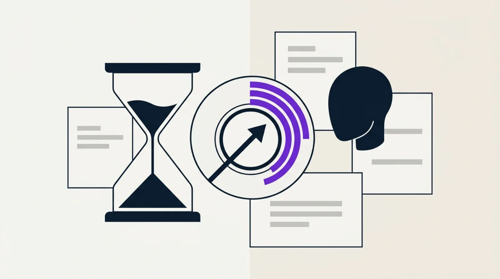 Illustration flat-design d'un sablier abstrait et d'une jauge de score entourés d'icônes de documents et d'une silhouette IA, symbolisant la fraîcheur de contenu pour le SEO et le GEO