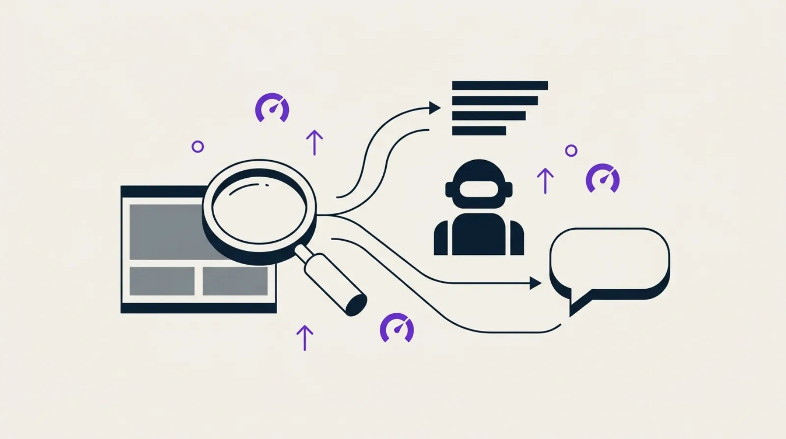 Illustration abstraite d'une loupe posée sur des blocs de page, avec deux chemins menant l'un vers un résumé condensé et l'autre vers une bulle de dialogue, symbolisant AI Overviews et AI Mode.