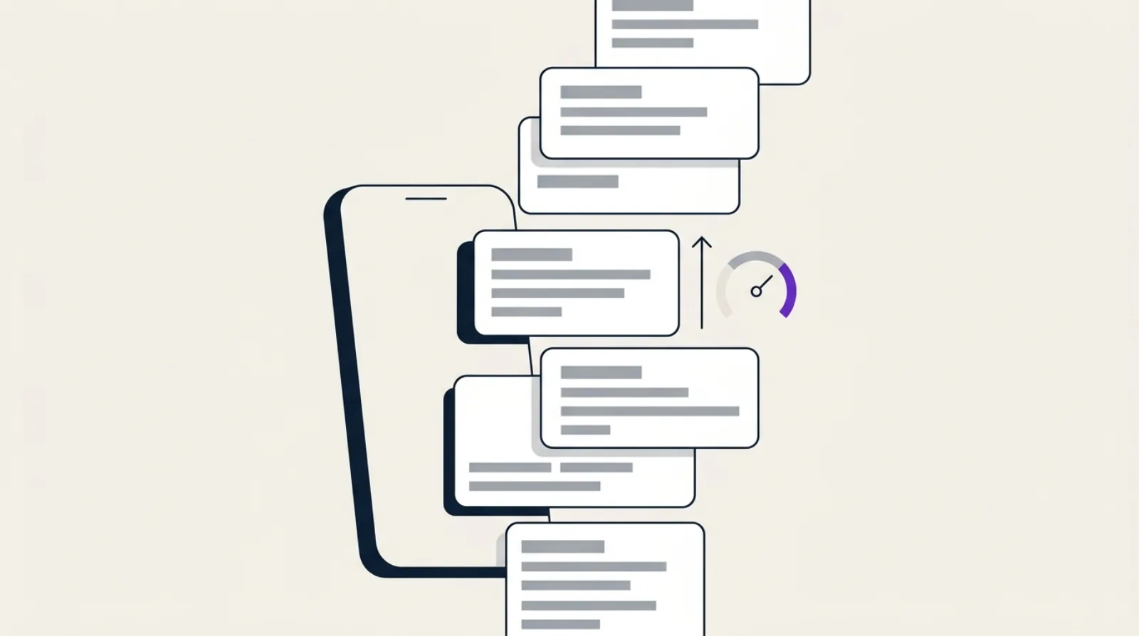 Illustration abstraite : smartphone dont s'échappe un flux de cartes de contenu superposées, avec une jauge de score, symbolisant Google Discover.