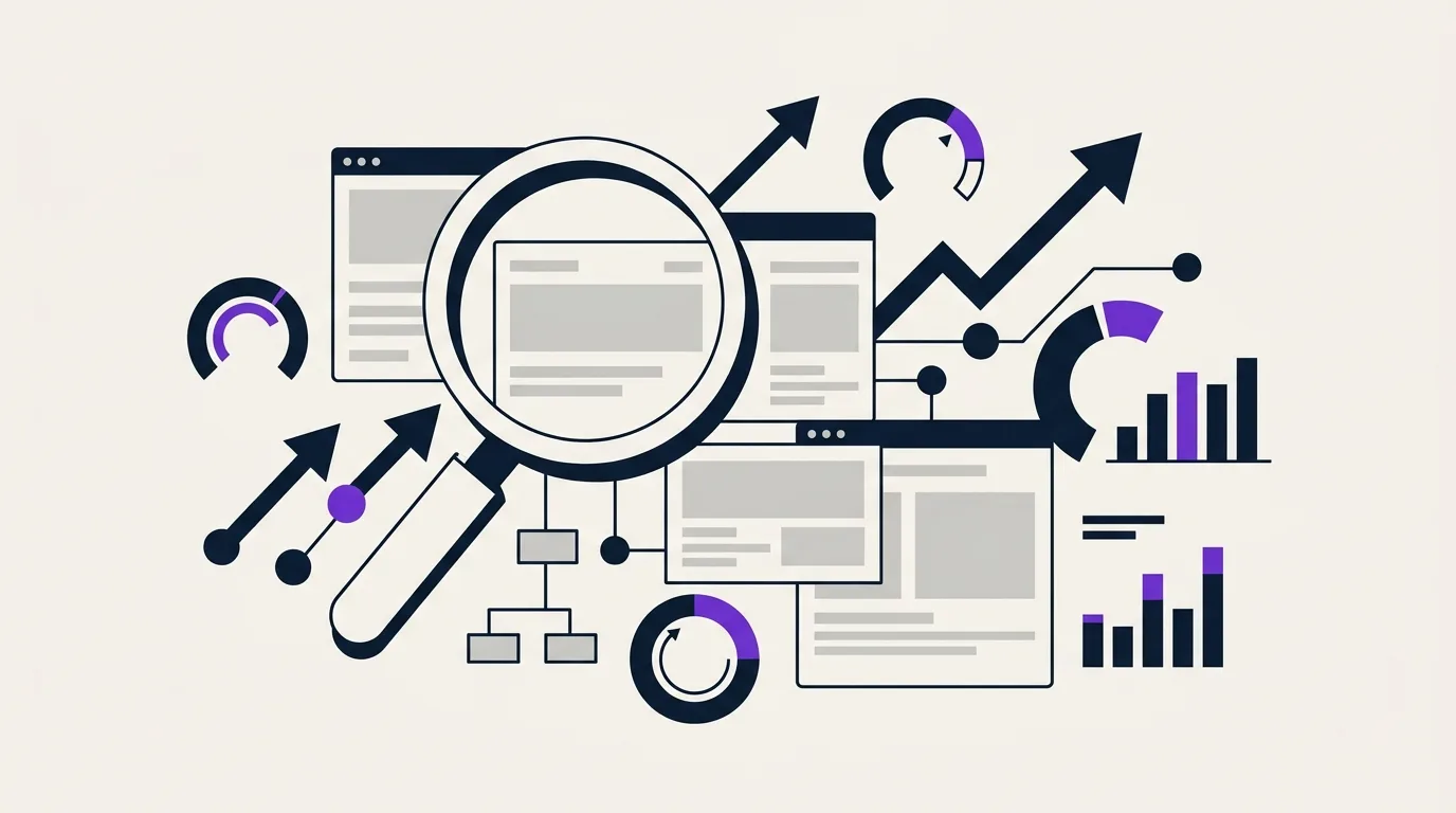 Illustration flat-design tech avec loupe sur blocs de pages web vides, graphe de nœuds de sitemap et jauges de performance en couleurs encre et violet sur fond beige clair