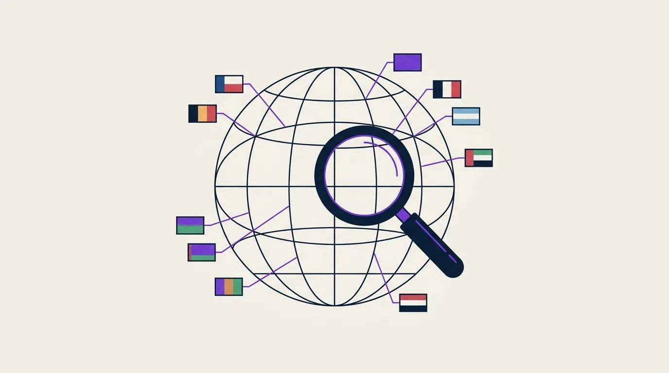 Globe géométrique wireframe avec formes colorées représentant des pays et loupe symbolisant le SEO multilingue international