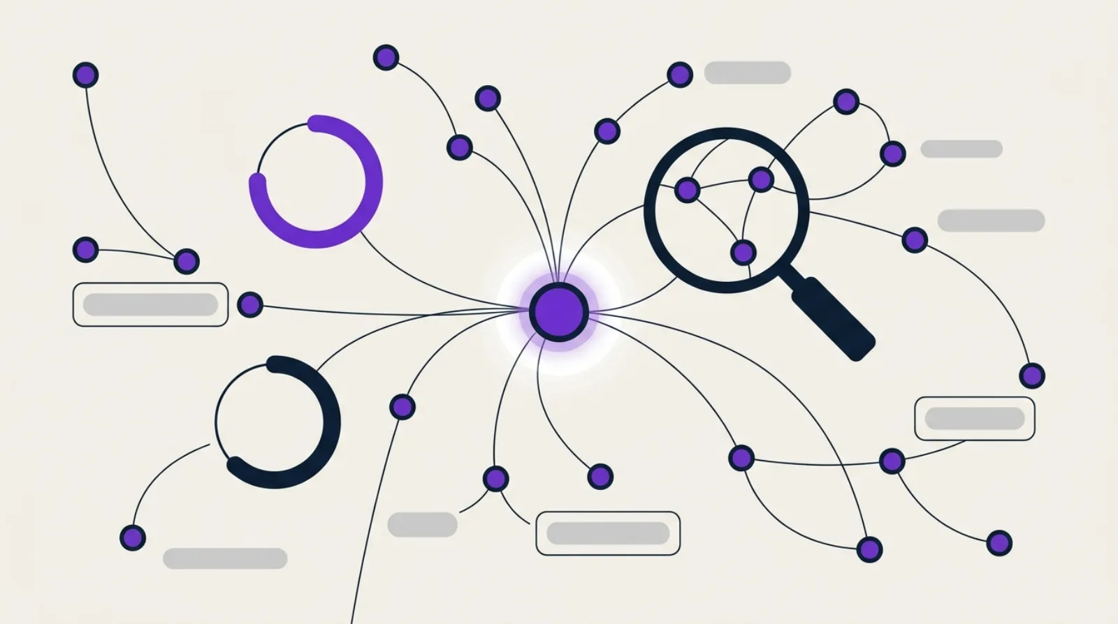 Illustration abstraite : nœuds connectés en réseau autour d'un halo central, loupe et anneau de score, fond beige clair, style flat design monochrome à accent violet.