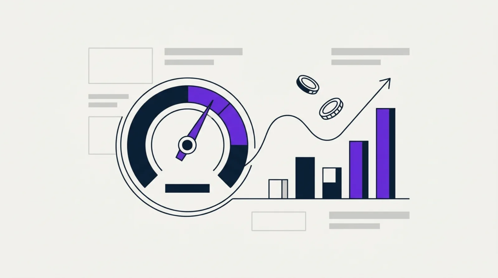 Illustration flat design d'une jauge de score reliée à une courbe ascendante et des icônes de pièces, symbolisant le ROI SEO.