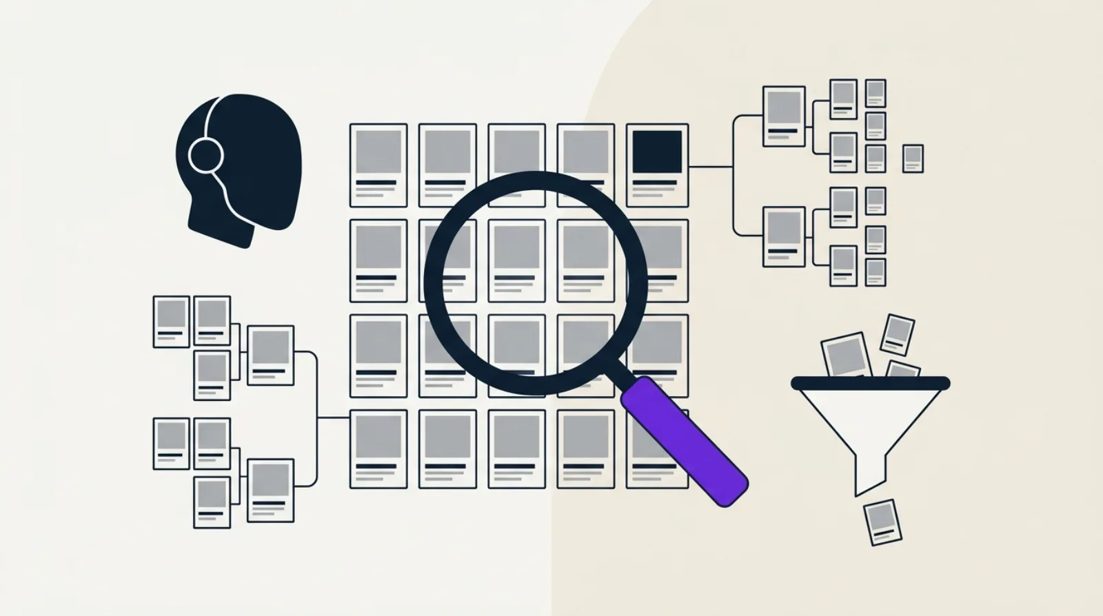 Illustration flat-design d'une loupe abstraite au-dessus de blocs de mise en page reliés par des lignes, entourée d'icônes de filtres et d'une silhouette de robot IA, sur fond beige clair
