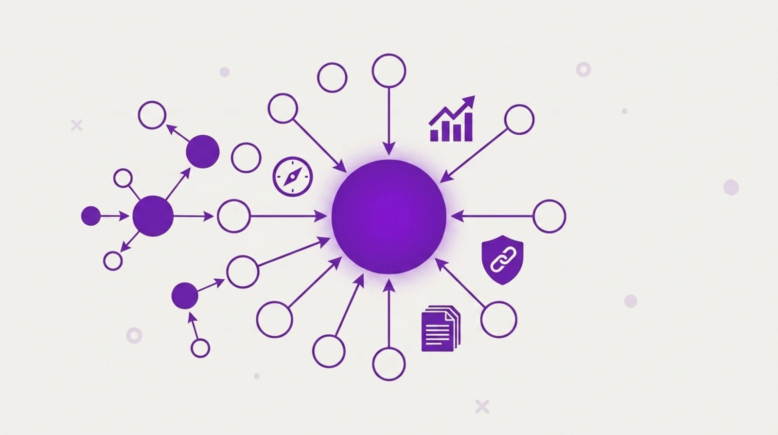 Illustration tech minimaliste de backlinks : plusieurs domaines référents pointant par des flèches entrantes vers un nœud d'autorité central, avec liens forts et faibles, contexte d'audit SEO et netlinking 2026