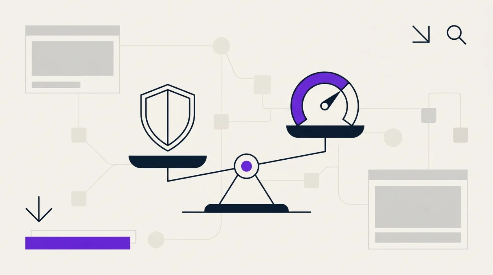 Illustration abstraite en flat design : balance et jauge de score au centre de nœuds de sitemap connectés, flèche descendante et loupe, fond beige clair, accent violet.