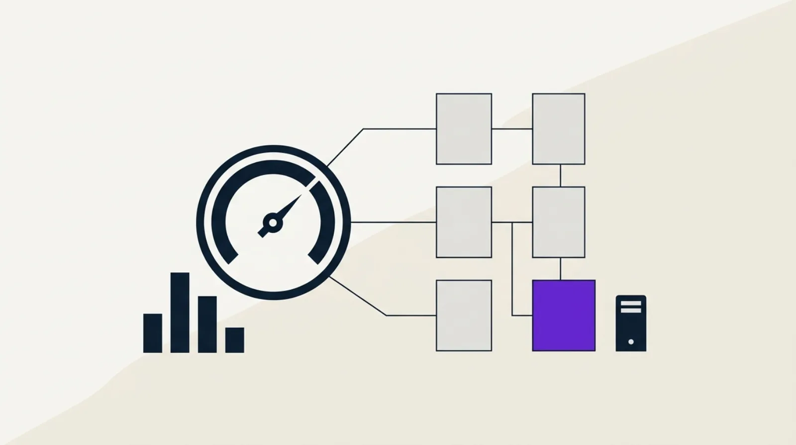 Illustration flat design d'une jauge d'exploration reliée à des blocs de pages abstraits et un serveur, symbolisant le rapport Crawl Stats, style SEO GEO épuré.