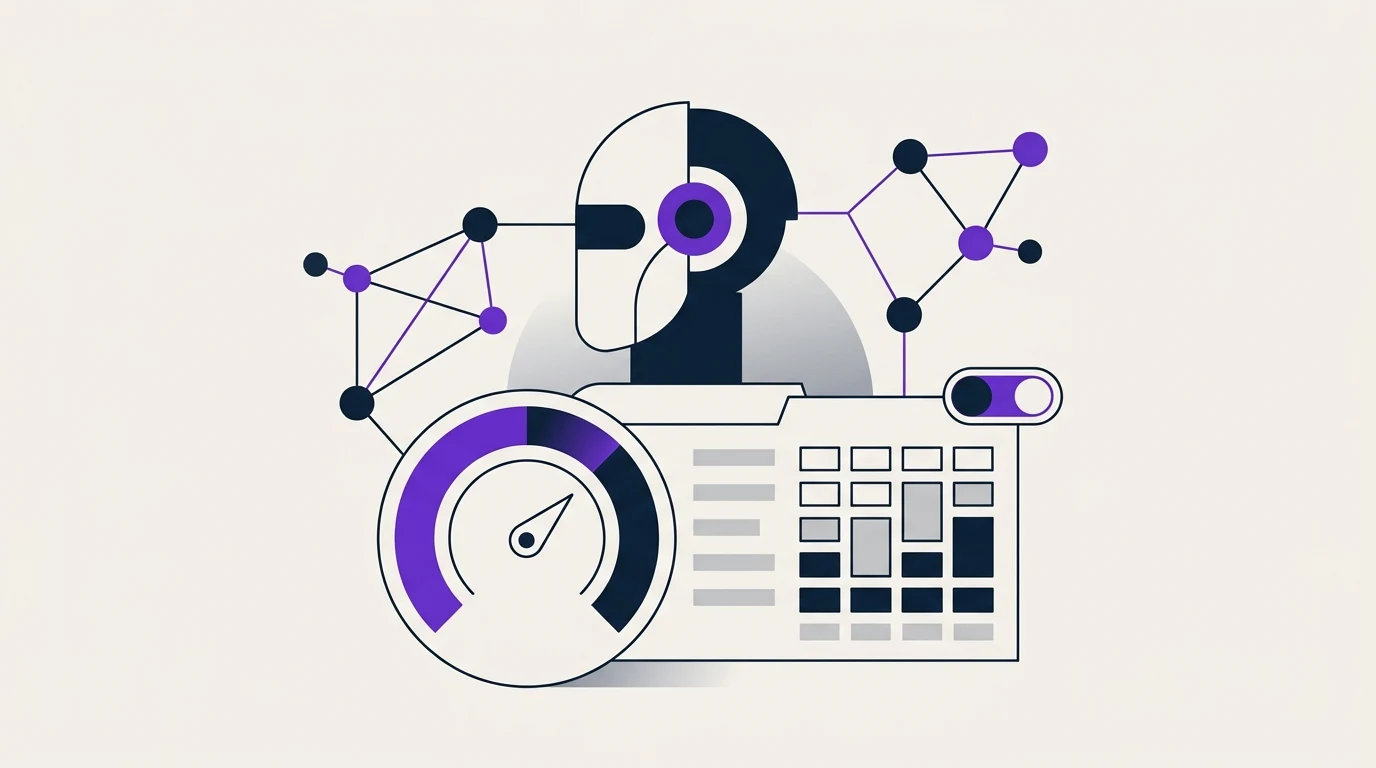 Illustration flat design d'une jauge de score connectée à des blocs abstraits représentant un rapport de visibilité IA, style SEO GEO épuré.