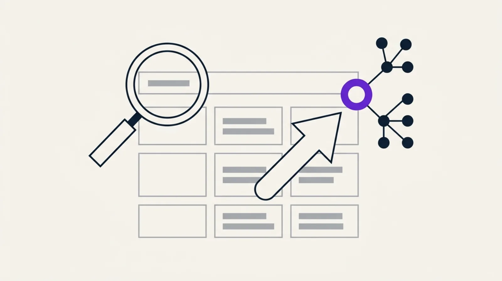 Illustration flat design d'une loupe abstraite au-dessus de blocs de mise en page vides et d'une flèche montante, symbolisant la visibilité sans clic en SEO et GEO.