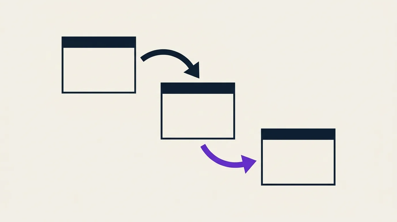 Illustration vectorielle minimaliste de flèches de redirection entre blocs rectangulaires sur fond beige clair, représentation abstraite des redirections HTTP 301 et 302