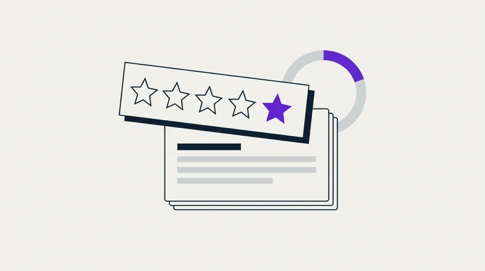 Illustration flat-design sur fond beige clair avec anneaux de score et étoiles abstraites en encre sombre et accent violet, représentation abstraite d'un système de notation