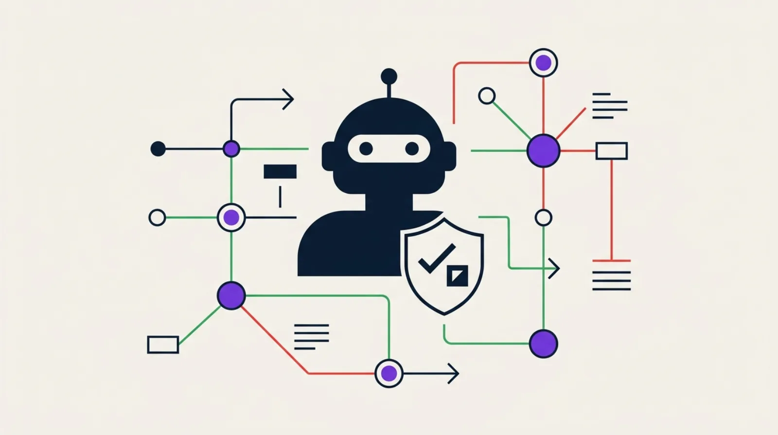 Illustration minimaliste d'un robot IA avec bouclier d'accès et réseau de nœuds connectés illustrant le contrôle des crawlers robots.txt