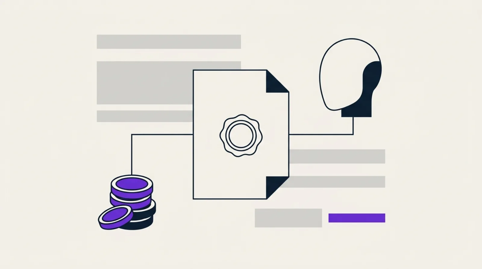 Illustration flat design d'un document scellé relié à des icônes de robot IA et de pièces, symbolisant une licence de contenu, style SEO GEO épuré.