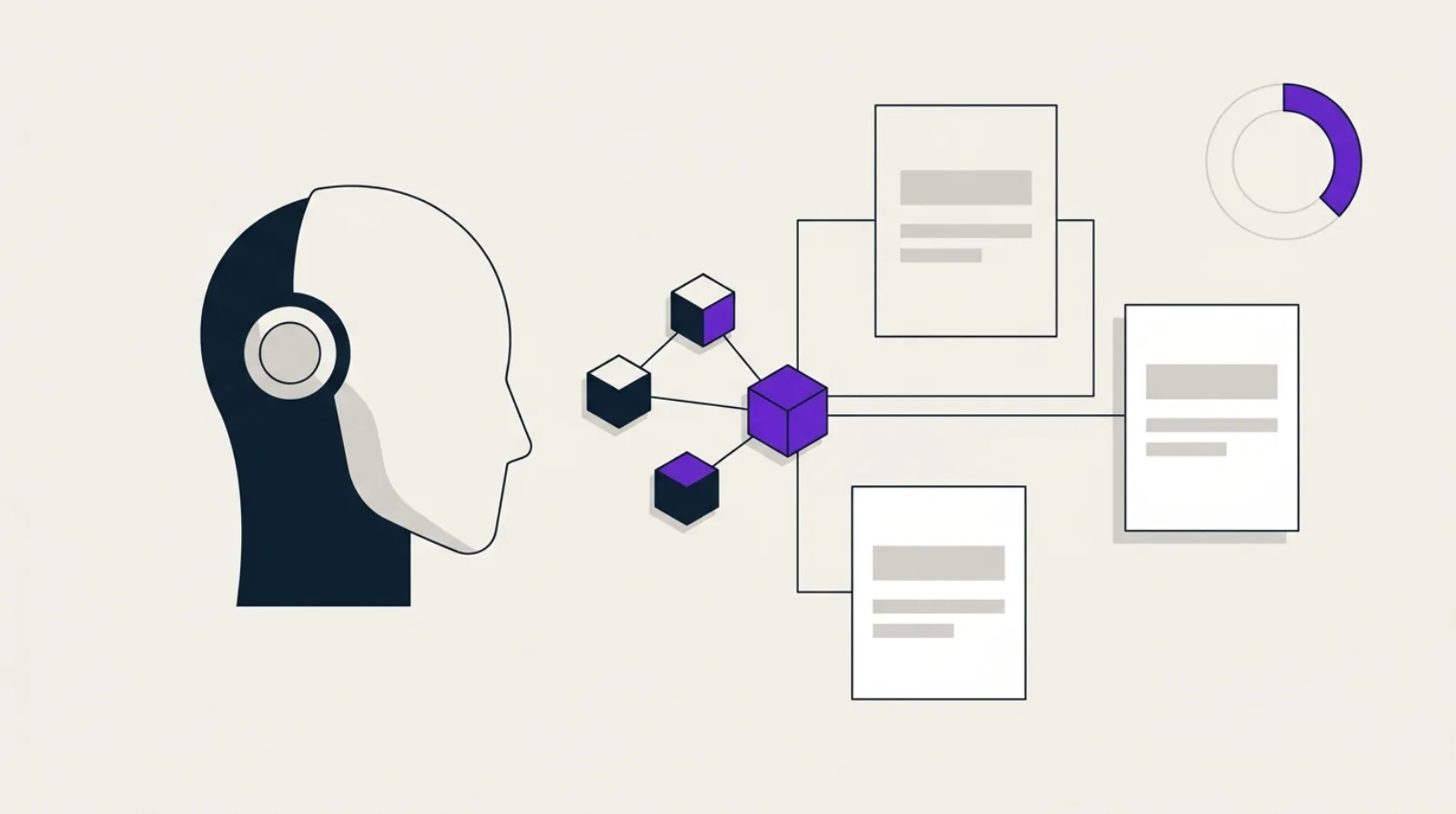Illustration flat-design d'une tête de robot IA reliée par des lignes à des blocs de document abstraits, symbolisant le balisage schema.org.