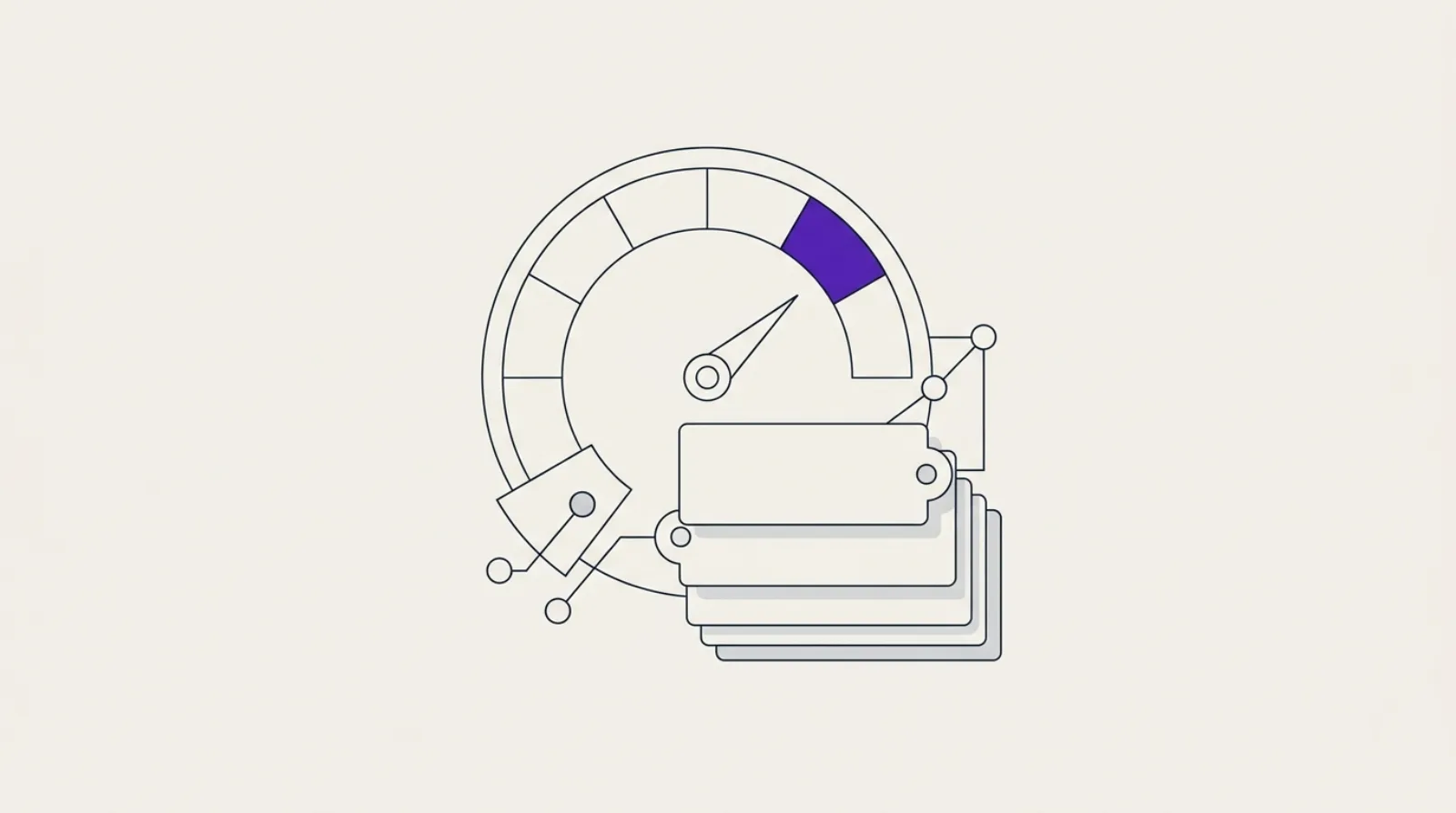 Illustration flat design d'une jauge de notation circulaire violette reliée à des blocs de prix abstraits pour une page pricing SaaS.