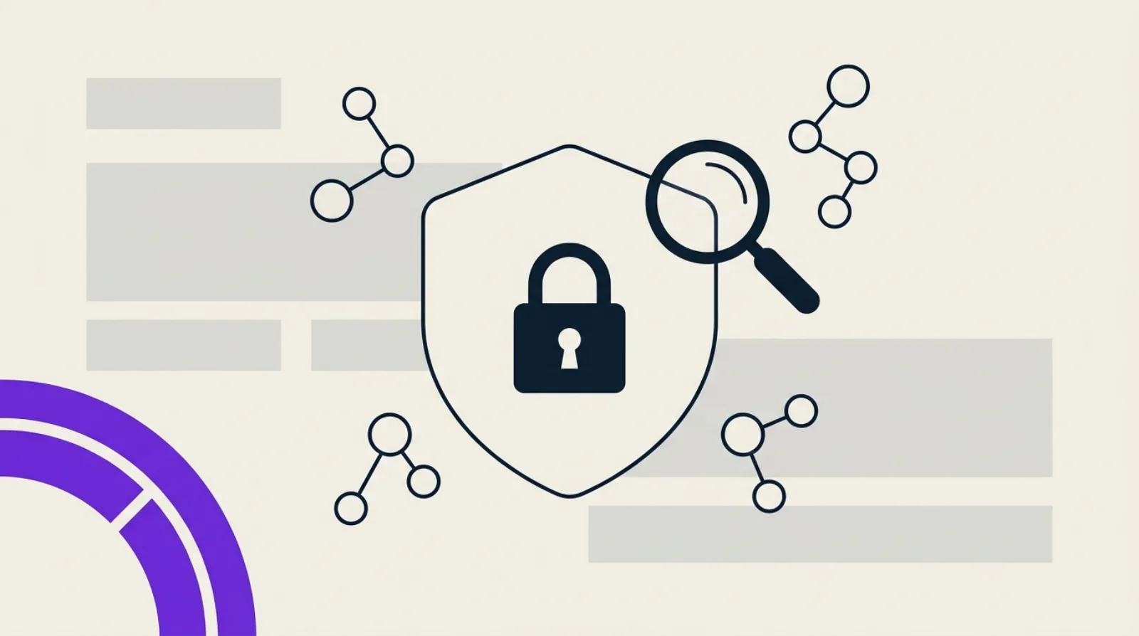 Illustration abstraite en flat design : bouclier et cadenas fermé au centre de nœuds de sitemap connectés, loupe et anneau de score, fond beige clair, accent violet.