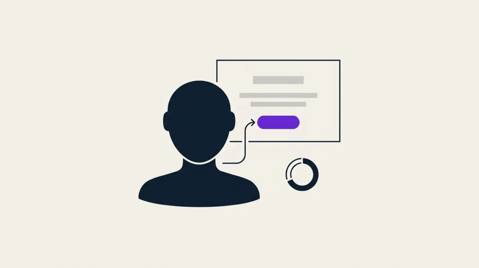 Illustration flat-design d'une silhouette de robot IA interagissant avec un bouton abstrait sur une page web stylisée, symbole du SEO agentique.