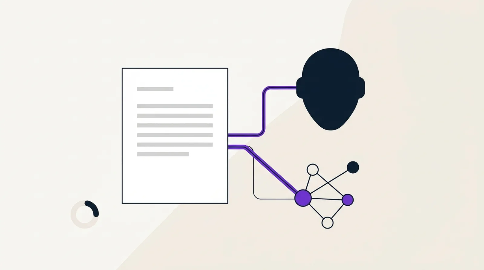 Illustration flat design d'un contour de document ouvert relie par de fines lignes noires a une silhouette de robot geometrique et a des noeuds connectes, accent violet, fond beige clair.
