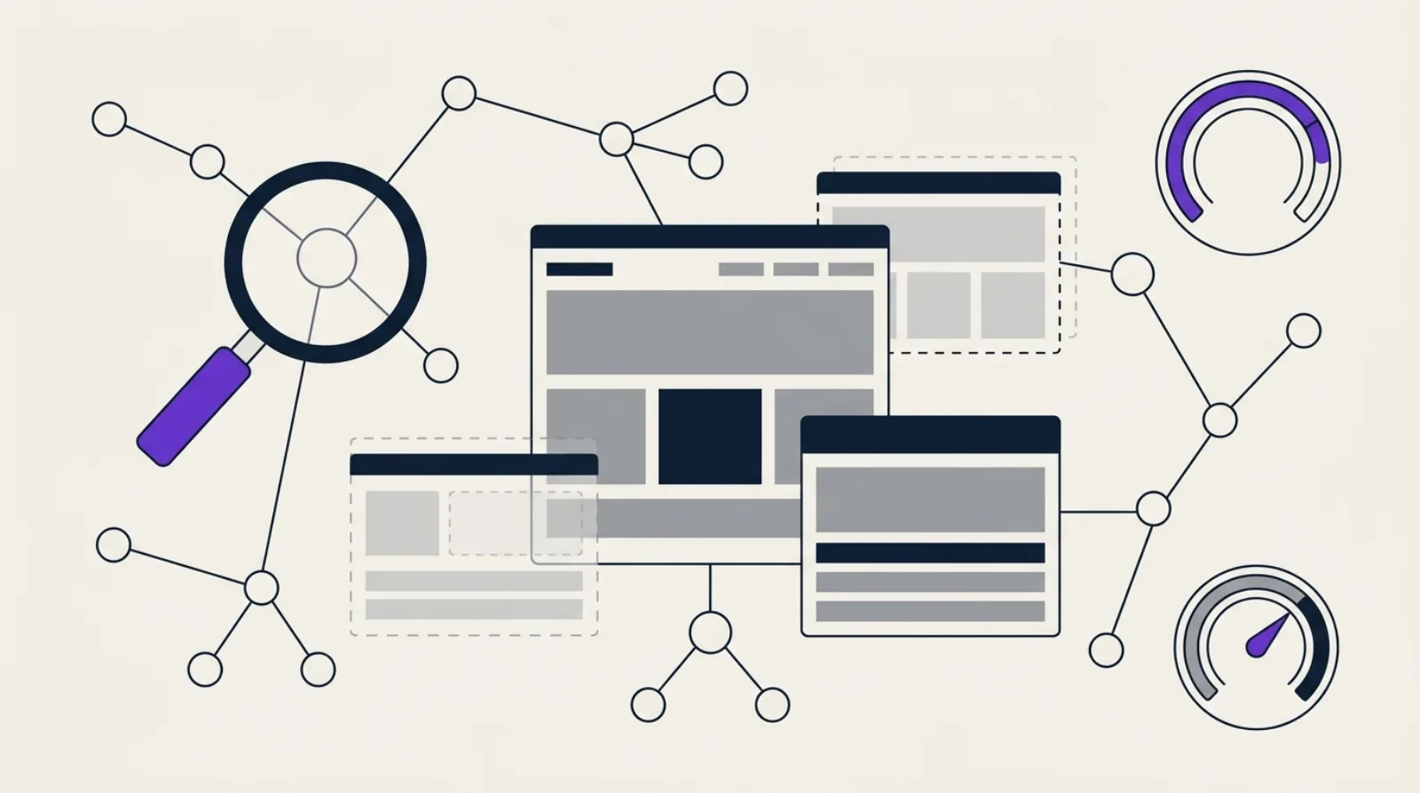 Illustration abstraite en flat design : nœuds de sitemap connectés autour de blocs de mise en page vides, loupe et anneau de score, fond beige clair, accent violet.