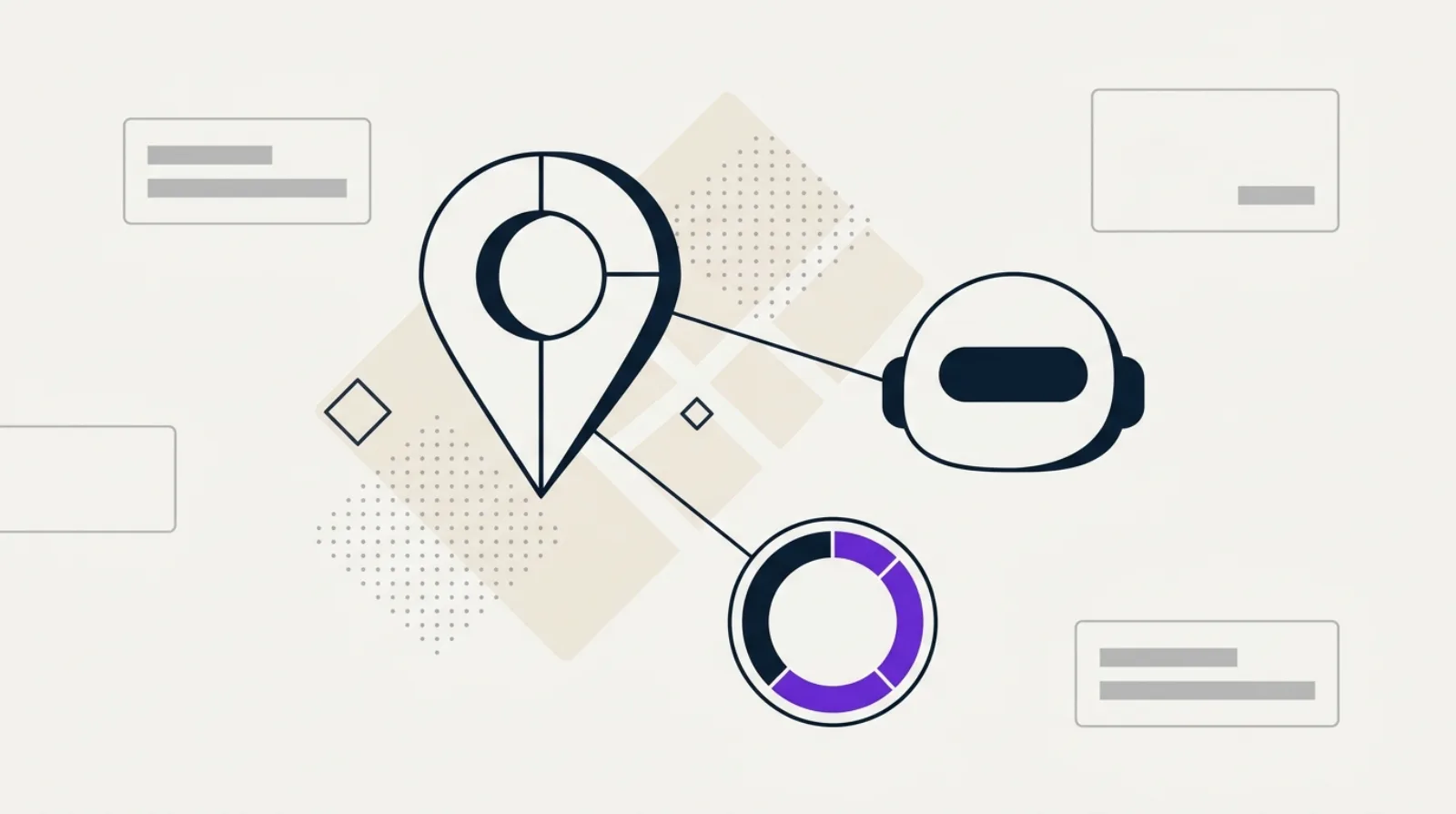 Illustration flat design d'une carte abstraite avec un repère de localisation, une jauge de score et une silhouette IA, sur fond beige clair.