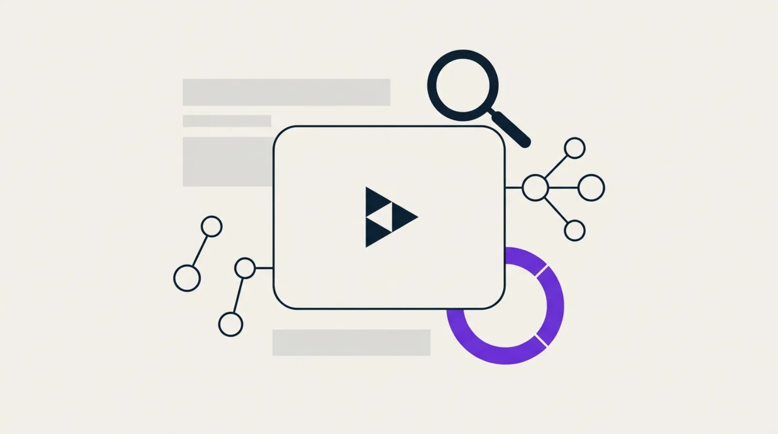 Illustration abstraite en flat design : loupe au-dessus d'un cadre vidéo, anneau de score et nœuds de sitemap, fond beige clair, accent violet.