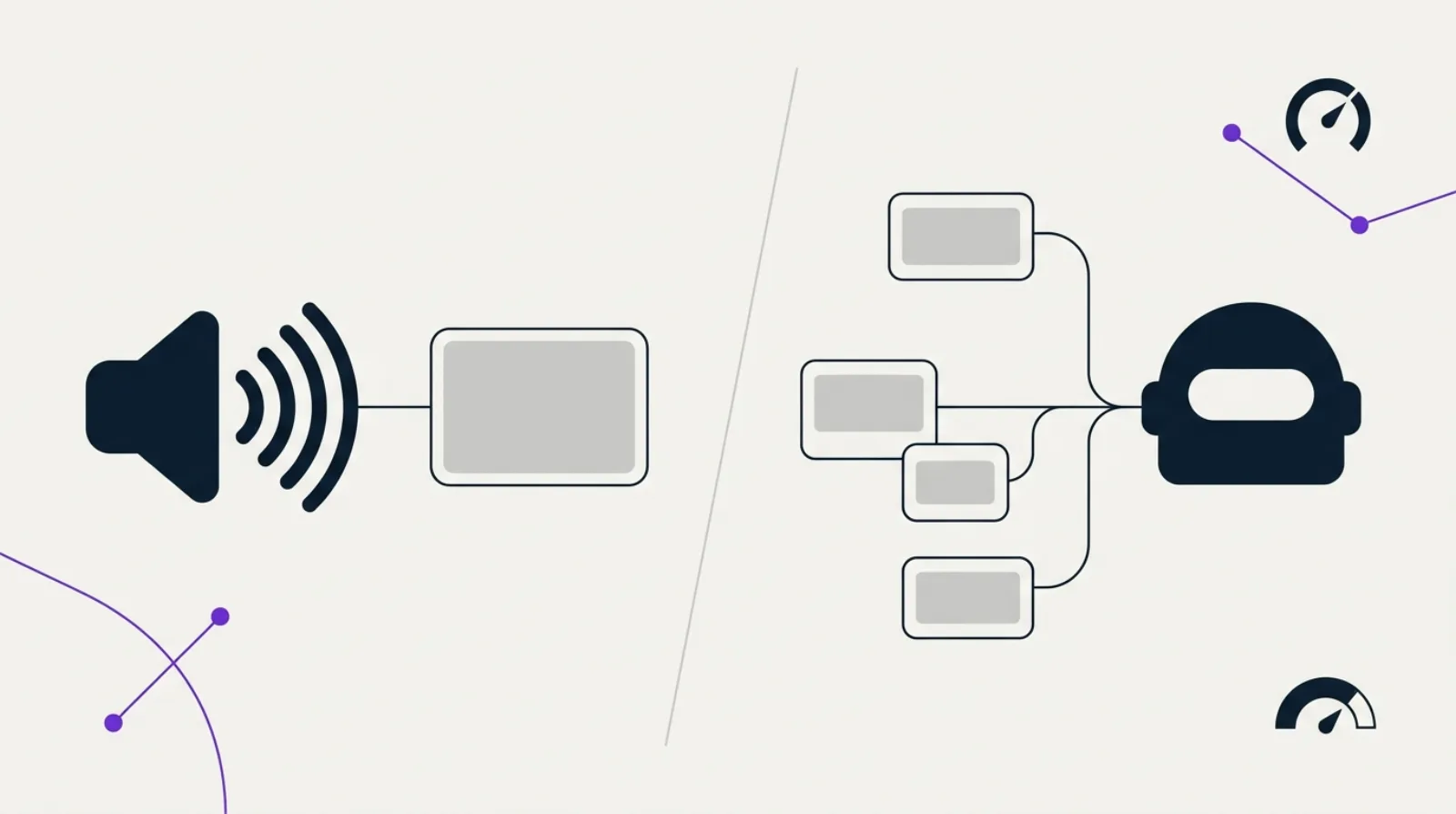 Illustration éditoriale abstraite d'ondes sonores et d'une silhouette de robot IA reliées à des blocs de contenu, symbolisant la distinction entre recherche vocale et moteurs conversationnels IA