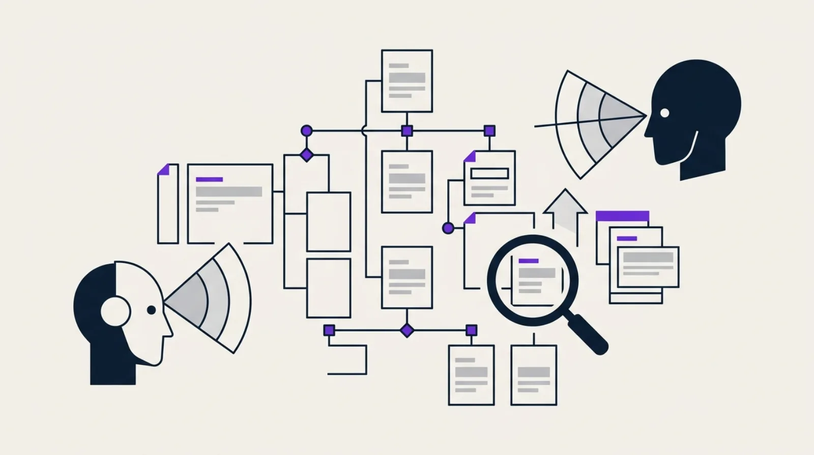 Illustration minimaliste d'un réseau arborescent de pages abstraites scanné par deux silhouettes robot/IA avec loupe, symbolisant le sitemap XML et sa découverte par les crawlers