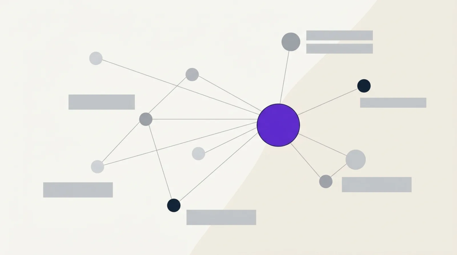 Illustration flat design de noeuds circulaires reliés entre eux autour d'un noeud central violet, symbolisant les sources citées par les moteurs de réponse IA.