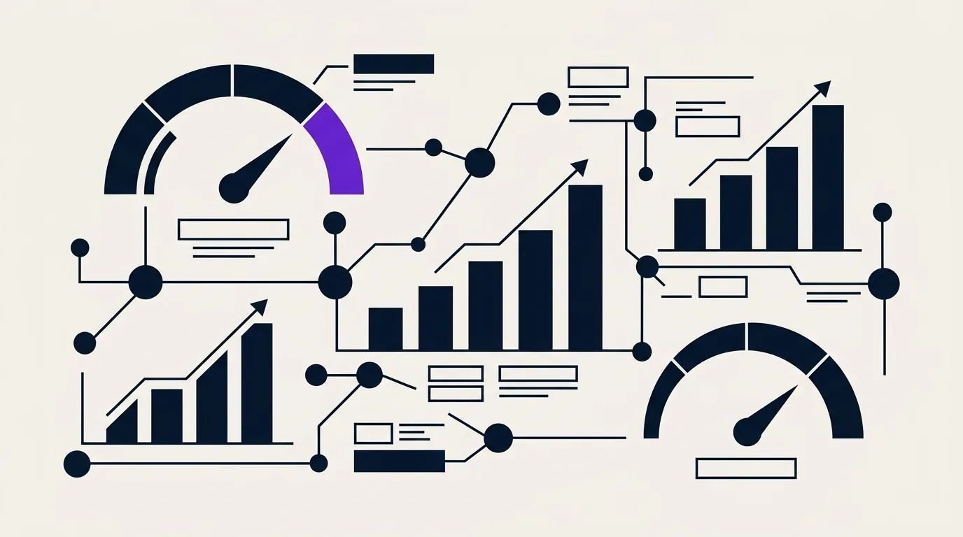 Illustration flat-design sur fond beige clair avec jauges de performance, diagrammes en barres et flèches ascendantes en encre sombre et accent violet, représentation abstraite de l'optimisation des balises SEO